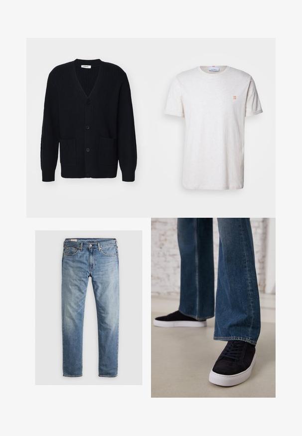 Tumed sinine kudum cardigan, millel on V-kaelus, viis nööpi, soonikuline tekstuur ja kaks esikotti.; Les Deux NØRREGAARD SEASONAL - Lihtne T-särk - ivory/orange; Heledsinine teksapüksid sirge säärega disainiga, viie taskuga ja kontrastsete õmblustega. Kangas on veidi kulunud tekstuuriga.; Tumedat sinised nubukist spordijalatsid valge kummist tallaga ja nööpidega, mis on ühendatud laia jala denimidest teksadega keskmise sinise pesu toonis.