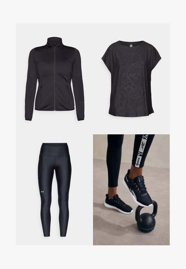 Čierna zipsová bunda s vysokým golierom, vyrobená z hladkého, elastického materiálu, so zipsovými prednými vreckami a štruktúrovanými rukávmi.; Čierne tričko s krátkymi rukávmi vyrobené z hladkej tkaniny, so subtílnym hadím vzorom, okrúhlym výstrihom a voľným strihom pre pohodlný pohyb.; Čierne legíny vyrobené z hladkého, elastického materiálu s vysokým pásom. Obsahujú biele logo na ľavom stehne a sú strihané na telo.; Čierne športové topánky s textúrovaným povrchom, bielou podrážkou a šedými akcentmi, umiestnené na čiernej kettlebell s modrým pruhom, na neutrálnom pozadí.