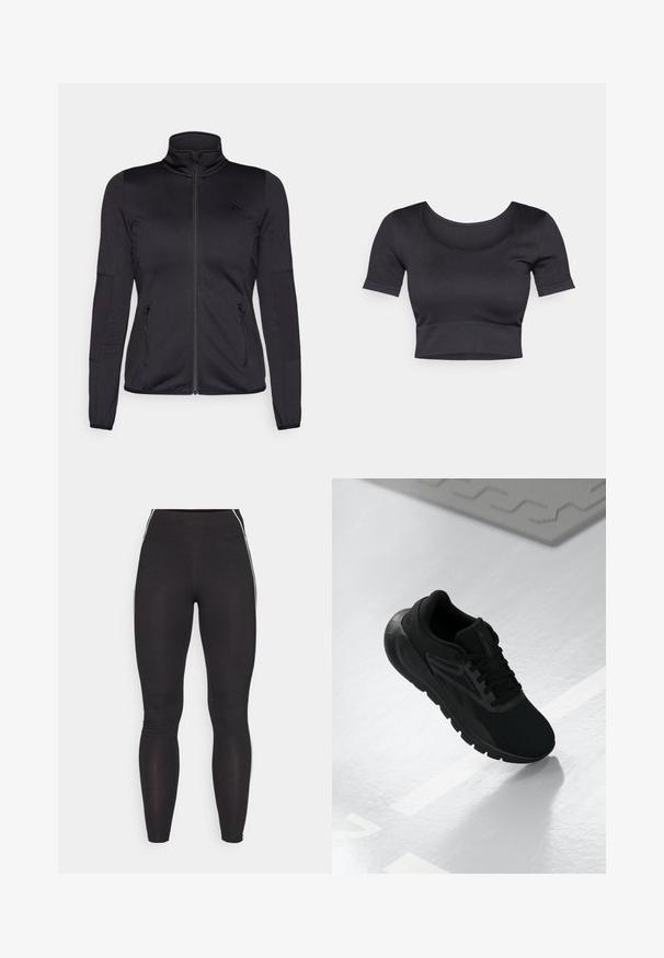 Črna jakna na zadrgo z visokim ovratnikom, izdelana iz gladkega, raztegljivega materiala, z dvema sprednjima žepoma na zadrgo in teksturiranimi rokavi.; Črn rebrast kratek top s kratkimi rokavi, širokim okroglim vratnim izrezom in prilegajočim trakom na dnu. Mehka tekstura, sproščen dizajn.; Črne legice iz raztegljivega materiala z visokim pasom. Imajo bele stranske črte in gladko teksturo po vsej dolžini.; Črne športne čevlje z mrežasto zgornjim delom, okroglo konico, oblazinjenim podplatom in teksturiranimi detajli, postavljeni na gladko belo površino.