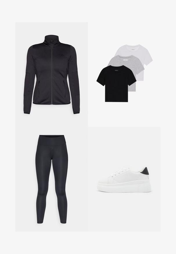 Melns zip-up jakas ar augstu apkakli, izgatavota no gludas, elastīgas auduma, ar divām kabatām priekšpusē ar rāvējslēdzējiem un teksturētām piedurknēm.; Trīs īsām piedurknēm T-krekli melnā, pelēkā un baltā krāsā. Izgatavoti no kokvilnas, ar apaļu kakla izgriezumu un vienkāršu, viendabīgu krāsas dizainu.; Melnas legingi, izgatavoti no gludas, elastīgas auduma. Augsts jostasvieta bez redzamām rakstiem vai akcentiem. Cieši pieguļ no jostas līdz potītēm.; Baltas platforma kedas, izgatavotas no gludas sintētiskas vielas, ar noapaļotu purngalu, saites dizainu un teksturētu gumijas zoli. Melna papēža akcenta detaļa.