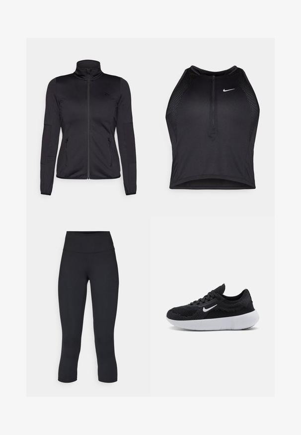 Must ehk üles tõmmatav jakk, millel on kõrge krae, valmistatud siledast ja venivast kangast, millel on kaks lukuga esikotid ja tekstureeritud varrukad.; Must negra spordiline crop top, millel on lukk ees, võrgukangast detailid ja vormiv disain. Valmistatud venivast ja hingavast kangast. Nike logo ees.; Mustad mustad õhukesed leggingud, mis on valmistatud venivast kangast, kõrge vöökoha ja siledaga, ilma nähtavate mustrite või metalldetailideta.; Must mustusjalats musta värvi, pealmine osa on siidist võrgu materjalist, tekstuuriga disain, ümmargune varvas, valge kummist talla ja Nike logo küljel.