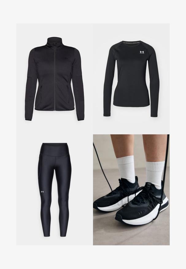 Zwarte zip-up jas met hoge kraag, gemaakt van een gladde, rekbare stof, met twee met rits gesloten voorzakken en gestructureerde mouwen.; Zwart sportshirt met lange mouwen, gemaakt van een gladde stof, met een ronde halslijn en een klein wit logo op de linkerborst.; Zwarte leggings van glad, rekbaar materiaal met een hoge tailleband. Heeft een wit logo op de linkerdij en een aansluitend ontwerp.; Zwarte sportschoenen van gestructureerde stof, met een witte zool en zwarte veters. Draag ze met witte geribde sokken, staand op een lichte ondergrond.