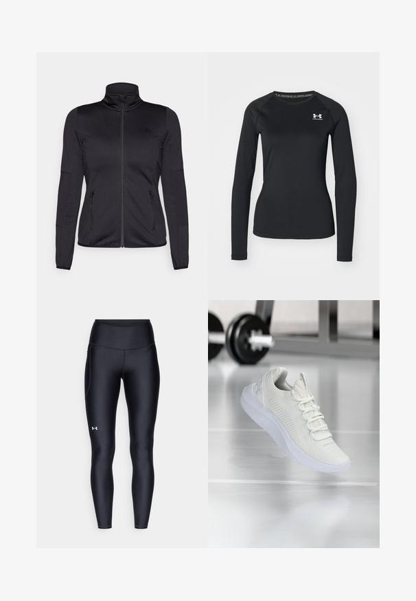 Jachetă neagră cu fermoar, cu guler înalt, confecționată dintr-un material neted și elastic, având două buzunare frontale cu fermoar și mâneci texturate.; Cămașă sport cu mâneci lungi, neagră, realizată dintr-un material neted, având un decolteu rotund și un mic logo alb pe pieptul stâng.; Colanți negri dintr-un material neted și elastic, cu un brâu înalt. Prezentând un logo alb pe cuartul stâng și un design ajustat.; Sneaker sportiv alb cu o parte superioară din plasă texturată și sistem de șireturi, având o talpă albă cu un amortizor și accente subtile în formă de nervuri.