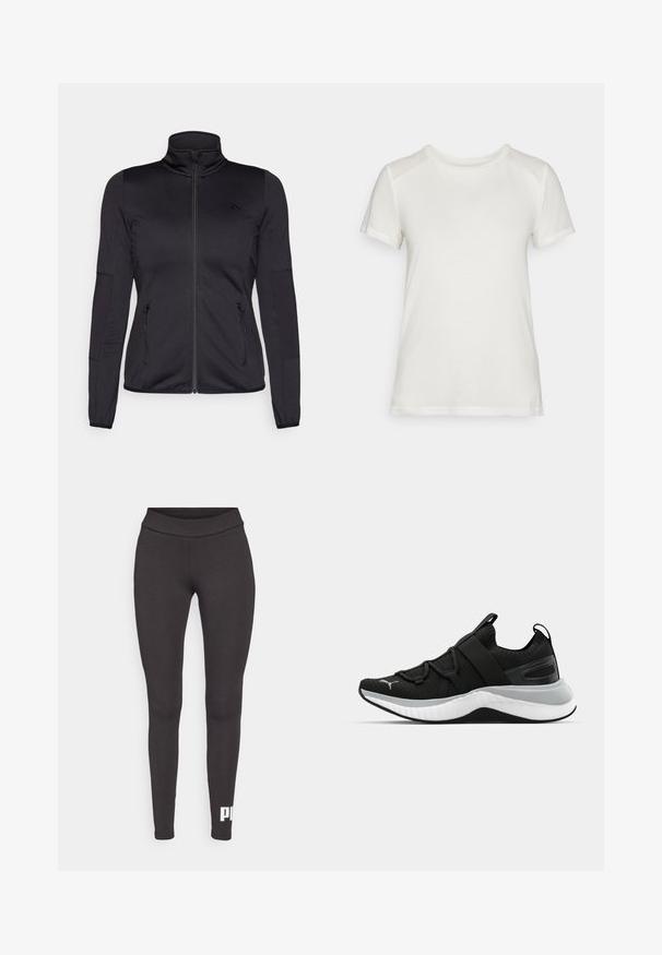Jaqueta preta com fecho éclair e gola alta, feita de um tecido liso e elástico, apresentando dois bolsos frontais com fecho éclair e mangas texturizadas.; T-shirt branco de manga curta feito de um tecido suave, com um decote redondo e um corte descontraído, apresentando acabamentos nos ombros lisos e sem costura.; Leggings pretas feitas de um tecido elástico, com um cós alto e um logótipo branco impresso na parte inferior da perna esquerda. Textura suave.; Sapatilha atlética preta com um upper texturizado, tiras elásticas e uma entressola grossa branca. Apresenta um detalhe cinza ao longo da sola.