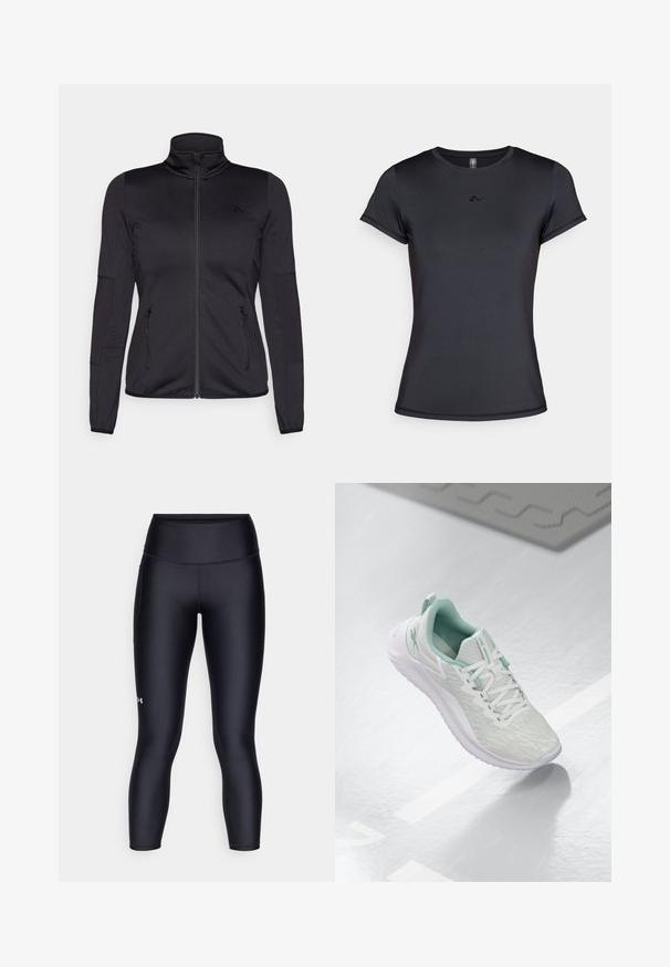 Giacca zip-up nera con colletto alto, realizzata in un tessuto liscio e elasticizzato, dotata di due tasche frontali con zip e maniche strutturate.; T-shirt nero a maniche corte realizzato in tessuto liscio e traspirante, con un design del logo minimale sulla parte anteriore. Collo a giroclassico.; Leggings neri realizzati in un tessuto morbido ed elastico. Design a vita alta con una vestibilità aderente e un piccolo logo sulla gamba sinistra.; Scarpa sportiva grigio chiaro con tomaia in maglia testurizzata, dettagli verde menta, lacci bianchi, suola in gomma e linguetta sul tallone.