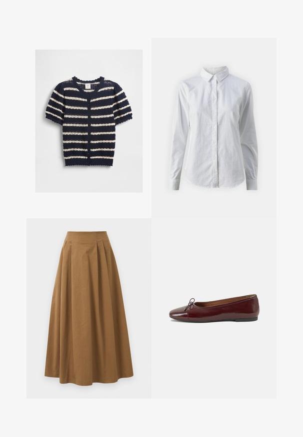 Navy och krämrandig kortärmad cardigan i strukturstickad kvalitet, med vågig nederkant och knäppning fram.; Vit skjorta med knappar, tillverkad av mjuk bomull, med klassisk krage, långa ärmar och en böjd fåll. Knapparna är små och vita.; Brun bomull A-linje kjol med hög midja, med veck ned längs framsidan och en mjuk textur. Sömmen är ren och enkel.; Burgunderfärgad lackläderballettskor med rund tå, liten rosettdekoration fram och en låg, svart gummisula. Slät textur.