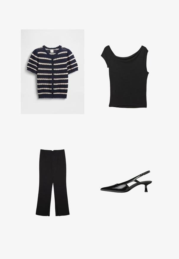 Navy and cream striped short-sleeve cardigan made of textured knit material, featuring a scalloped hem and button front closure.; Black short-sleeve top made of smooth fabric; features a draped neckline and an asymmetrical hemline, with a fitted body.; Black trousers with a straight fit, featuring front pockets and side slits at the hem. Made of soft, smooth fabric. Suitable for various occasions.; Black patent leather slingback heels with a pointed toe, cut-out side design, and a small square heel. Smooth texture with minimal accents.