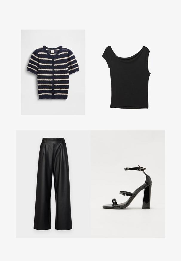Granatowo-kremowy, pasiasty kardigan z krótkim rękawem, wykonany z teksturowanego dzianiny, z falbaniastym dołem i zapięciem na guziki.; Czarna bluzka z krótkim rękawem, wykonana z gładkiego materiału; posiada dekolt w stylu drapowanym oraz asymetryczny dół, z dopasowanym krojem.; Czarne, szerokie spodnie wykonane ze skóry, z wysokim stanem, fałdami oraz dwoma okrągłymi guzikami z przodu do zapięcia.; Czarne lakierowane sandały na obcasie z kwadratowym noskiem, z paskami wokół kostki i srebrnymi klamrami. Posiadają masywny słupek dla stabilności.