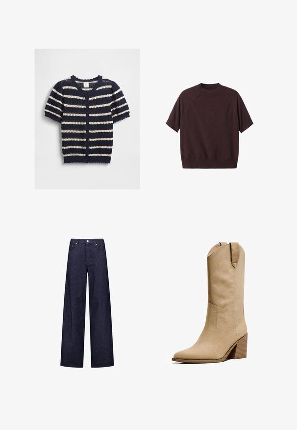 Marineblauwe en crèmekleurige gestreepte korte mouw cardigan van textuurgebreid materiaal, met een gegolfde zoom en knopen aan de voorkant.; Korte mouw sweater in donker bordeaux gebreid. Beschikt over een geribbeld ronde hals en een relaxte pasvorm, met raglanmouwen en een gladde textuur.; Brede denim broek met een donkerblauw en wit verticaal gestreept patroon, voorzien van twee voorzakken en een klassieke knoopsluiting.; Bershka HIGH-HEEL - Cowboy-/Bikerlaarzen - beige