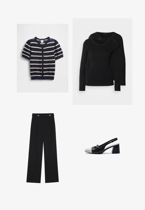 Marineblå og kremfargede striper på kortermet cardigan laget av strukturert strikkemateriale, med bølget kant og knappeåpning foran.; To svarte langermede skjorter med V-halsdesign, laget av mykt, elastisk stoff, viser jevn tekstur og en tettsittende fasong.; Svart vide bukser med høy midje, knappdetaljer på midjebåndet og frontplisser.; Slingback-sko med overdel i svart lær, hvit lakkert tåhette, 2,5-tommers blokkhel og justerbar ankelrem.