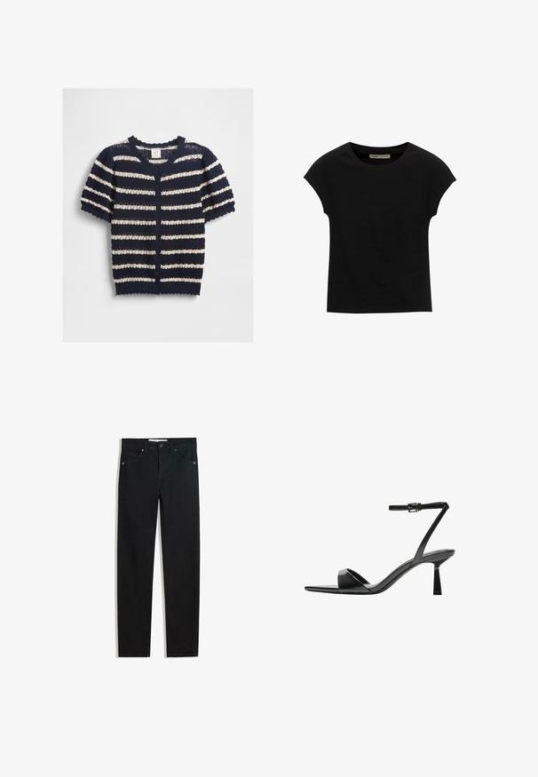 Cardigan cu mânecă scurtă, în dungi bleumarin și crem, dintr-un material tricotat texturat, cu margine ondulată și închidere frontala cu nasturi.; Tricou negru cu mânecă scurtă, confecționat dintr-un material moale, cu guler rotund și o croială lejeră, având o textură fină și fără modele.; Pantaloni din denim negri cu un design drept, cinci buzunare, închidere cu nasture metalic și detalii subtile de cusătură. Textură netedă.; Bershka Sandale cu toc - black