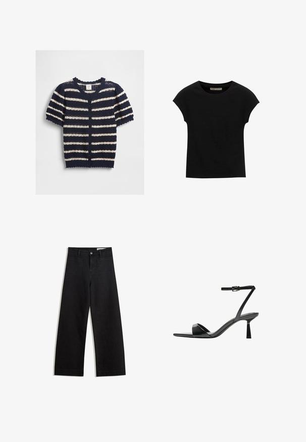 Marineblauwe en crèmekleurige gestreepte korte mouw cardigan van textuurgebreid materiaal, met een gegolfde zoom en knopen aan de voorkant.; Zwarte korte mouwen t-shirt gemaakt van zachte stof, met een ronde halslijn en een ontspannen pasvorm, met een gladde textuur en zonder patronen.; Zwarte denim broek met wijde pijpen en een hoge taille, voorzien van voor- en achterzakken, gestikte naden en een knoopsluiting. Gladde textuur.; Bershka Sandalen met hoge hak - black