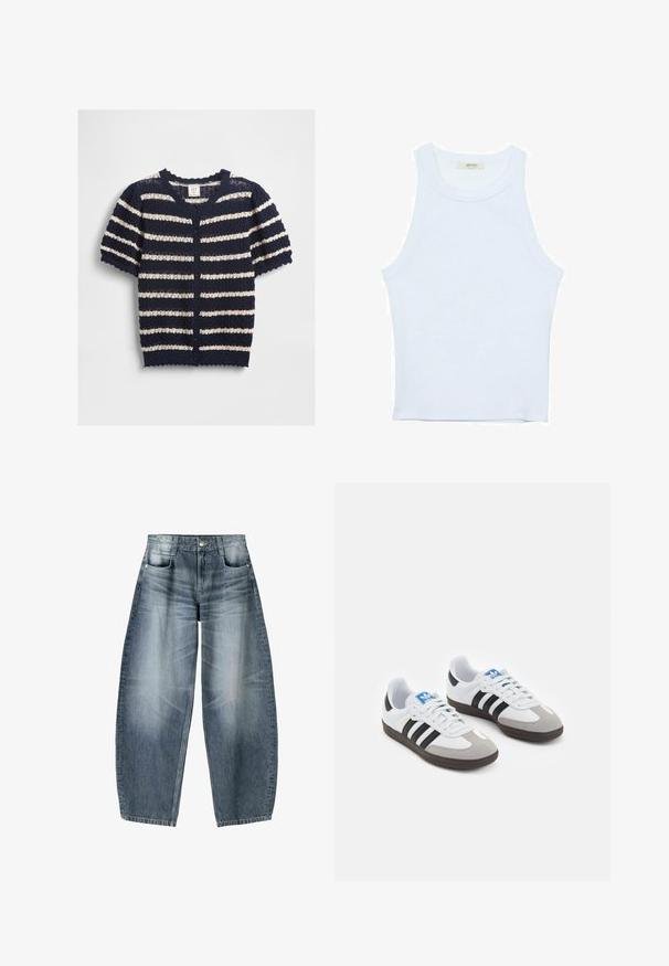 Navy ja kreemivärviline triibuline lühikeste varrukatega kardigan, mis on valmistatud tekstuurses kudumisemas, omades lainelist viimistlust ja nööpide ees sulgemist.; Valkoinen hihaton toppi, ribbed rakenne, pyöreä pääntie, hihaton malli, tiukka muoto, hillitty brändäys kauluksella sisäpuolella.; Laivahousut, jotka on valmistettu vaaleansinisestä denimmateriaalista, jossa on haalistumista. Niissä on viisi taskua, nappisuljenta ja vain vähäisiä ompelutietoja.; Urheilukengät, joissa on valkoinen nahkainen päällinen, harmaa mokkanokka ja kolme mustaa raitaa. Ominaisuuksina sininen logo kielekkeessä ja kuvioitu kumipohja.