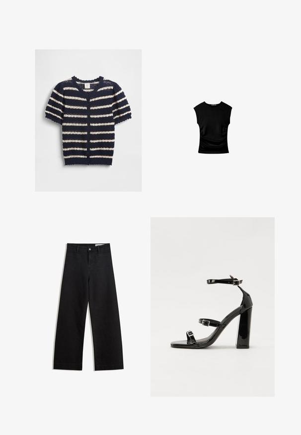 Navy ja kreemivärviline triibuline lühikeste varrukatega kardigan, mis on valmistatud tekstuurses kudumisemas, omades lainelist viimistlust ja nööpide ees sulgemist.; Mustapaitainen lyhythihainen paita, jossa on tyköistuva siluetti, kerroksittain muotoiltu sivuosa ja sileä, joustava kangas mukavuutta varten.; Mustat leveät farkut korkealla vyötäröllä, joissa on etu- ja takataskut, ommellut saumat ja nappisuljenta. Silkinoinen rakenne.; Musta kiiltävä korkokenkä sandaalit neliönmuotoisella varpaalla, nilkkaremmillä ja hopeisilla soljilla. Varustettu tukevalla lohkokorkealla vakauden takaamiseksi.
