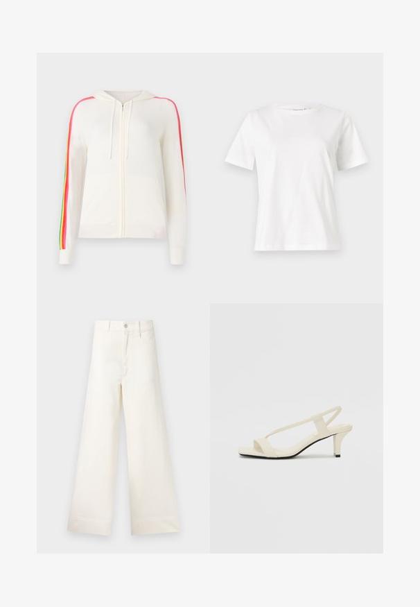 FROM FUTURE Gilet - ecru; T-shirt en coton blanc à manches courtes, col rond et coupe décontractée. Texture lisse, sans motifs ni accents, design minimaliste.; Pantalons large en coton beige clair. Dotés d'une taille haute, de poches latérales et d'une coupe droite. Finition ourlet propre sans motifs.; Sandales beiges à talons carrés avec des fines brides et un bout carré. Matière lisse avec des détails minimaux, conçues pour un port facile.