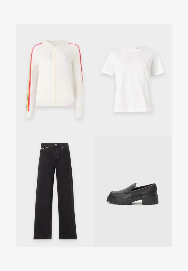 FROM FUTURE Cardigan - ecru; White cotton t-shirt with short sleeves, round neckline, and a relaxed fit. Smooth texture, no patterns or accents, minimalistic design.; Black wide-leg jeans made of denim, featuring a high-rise waist, five-pocket styling, and a metal button closure with contrasting stitching.; Black leather loafers with a rounded toe, thick textured sole, and minimal stitching details. Sleek design with no visible laces or hardware.