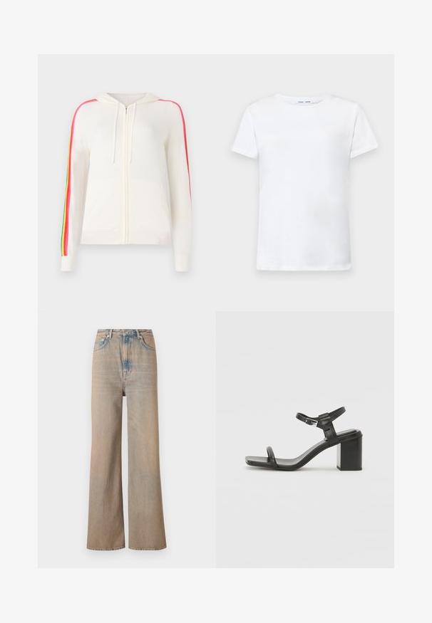 FROM FUTURE Cardigan - ecru; Tricou alb cu mâneci scurte, fabricat din bumbac, cu design de guler rotund. Textură netedă și croială dreaptă, fără modele sau accente.; Jeans lejere, cu croi larg, de culoare deschisă, cu talie înaltă, fabricate din denim. Au cusături subtile și cinci buzunare, având o textură ușor decolorată.; Sandal din piele neagră cu toc bloc, cu o curea lată peste degete și o curea ajustabilă la gleznă, având un design elegant și minimalist.
