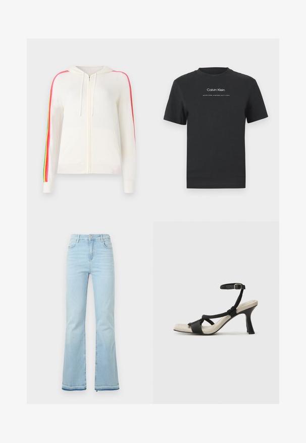 FROM FUTURE Cardigan - ecru; Black cotton T-shirt with a crew neckline, short sleeves, and white printed "Calvin Klein" logo and "Established 1968" text.; Light blue flared jeans made of denim, featuring a high waist, front pockets, and a raw hem at the cuffs for a casual look.; Black heeled sandal with braided strap design, square toe, and adjustable ankle strap. Light beige footbed with a glossy black heel.