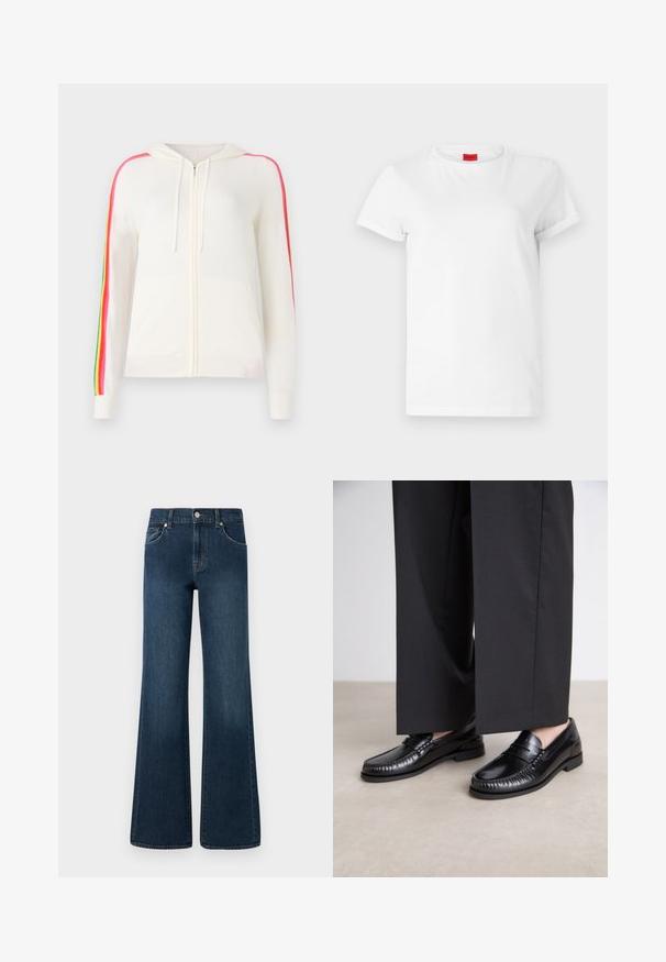 FROM FUTURE Cardigan - ecru; Hvit kortermet t-skjorte laget av lett bomull. Har rund hals og rullede ermer. Rød logo-lapp på kragen.; Bredde ben denim jeans i mørkeblå vask, med knappeåpning, fem lommer, og en lett falming i teksturen for ekstra detaljer.; Sorte skinnloafere med en glatt overflate, sydd detaljer rundt tåen, og en lav gummisåle. Kombinert med vide svarte bukser.