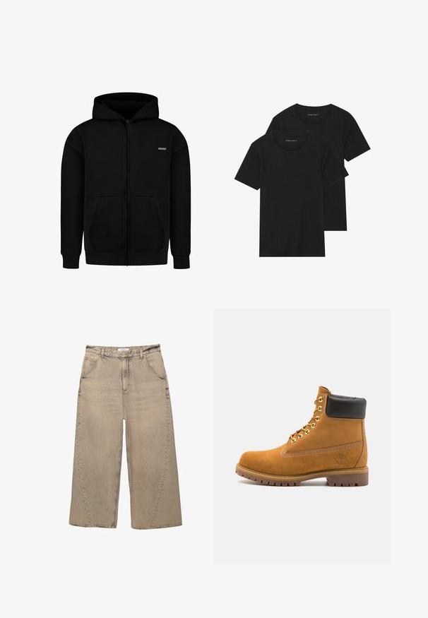 Felpa nera con zip, dotata di tasche frontali, polsini e orlo a costine, e un piccolo logo rettangolare sul lato sinistro del petto.; Due magliette nere di cotone a maniche corte, con scollatura rotonda e una texture liscia, esposte impilate insieme.; PULL&BEAR MEGA BAGGY - Jeans baggy - light grey; Stivale alla caviglia in suede tan con collare imbottito nero, occhielli in metallo dorato, dettagli in cucitura bianca e suola in gomma robusta con battistrada pronunciato.