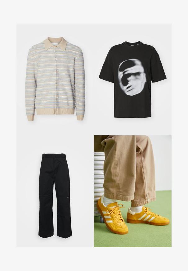Sweter z dzianiny z beżowym kołnierzem i zapięciem na guziki. Posiada poziome paski w odcieniach beżu i jasnoniebieskim. Ściągacze przy mankietach i u dołu.; Czarna bawełniana koszulka z krótkim rękawem, z okrągłym dekoltem, z rozmytym białym graficznym wzorem twarzy.; Czarne spodnie szerokie z gładką teksturą, z regularnym pasem i małym haftowanym logo w pobliżu prawej nogawki.; Żółte zamszowe sneakersy z białymi paskami, wyposażone w gumową podeszwę, materiałowe sznurówki i wyściełany kołnierz, zestawione z beżowymi bawełnianymi spodniami.