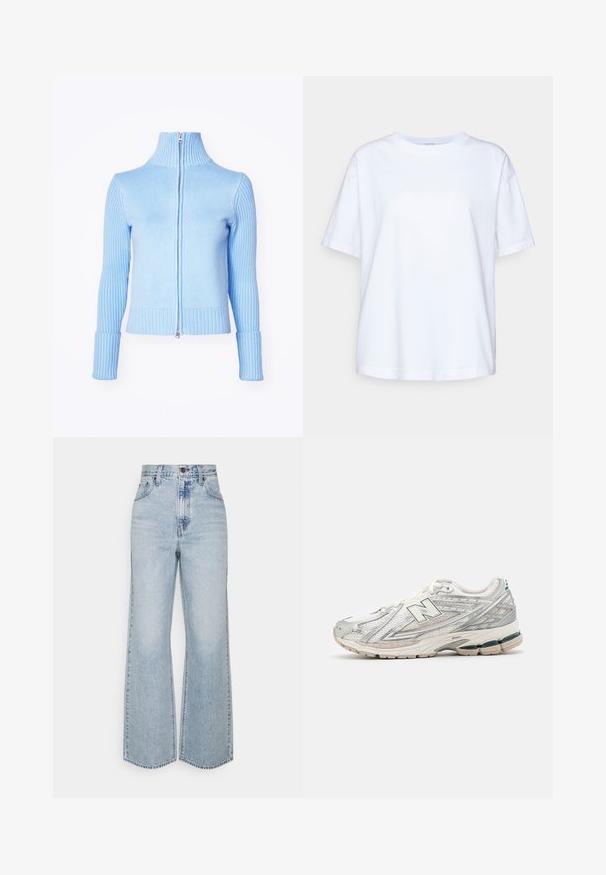 Light blue zip-up sweater with a high collar, ribbed texture on sleeves and hem, and a smooth body section. Features a silver zipper closure.; White cotton T-shirt with short sleeves, crew neck, relaxed fit, smooth texture, and no visible patterns or accents.; Light blue denim wide-leg jeans featuring a high waist, classic five-pocket design, and contrasting stitching. Raw hem detail at the bottom.; Running shoe features a silver and white mesh upper with a green accent. The sole is chunky and textured, designed for cushioning and support.