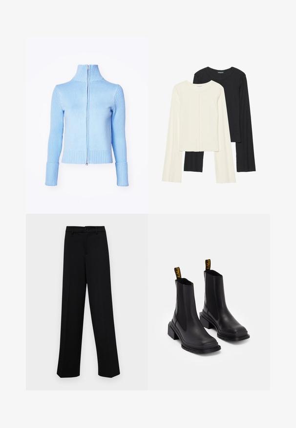 Hele helesinine tõmblukk-sviiter, millel on kõrge krae, ribatud tekstuur varrukatel ja äärel ning sujuv kehaosa. Omab hõbedast tõmblukku.; Kaksik Eri pikkusega valge ja musta värvi pikkade varrukatega topsi. Ribikstruktuur, ümar kaelus, lihav disain, veidi laienevate varrukatega.; Musta laiad püksid siledast kangast, millel on klassikaline vöökoht, nööbiga sulgemine ja ees voldid.; Must have väikesed mustad nahast sokkjalatsid, millel on elastsed külgpaneelid, ruudukujuline nina ja jäme heel. Omab kollaseid bränditud tõmbeauke.