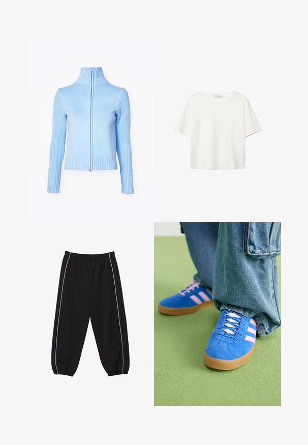 Hellblaues Zip-Top mit hohem Kragen, geripptem Muster an Ärmeln und Saum sowie einem glatten Körperbereich. Verfügt über einen silbernen Reißverschluss.; Weißes T-Shirt mit kurzen Ärmeln aus Baumwolle. Hat einen Rundhalsausschnitt und eine lockere Passform. Glatte Textur ohne sichtbare Muster oder Akzente.; Schwarze Jogginghosen mit elastischem Bund, weißen Seitenstreifen und gerafften Bündchen an den Knöcheln. Hergestellt aus weichem, flexiblem Stoff.; Blaue Wildlederschuhe mit rosa Streifen und weißen Schnürsenkeln, ausgestattet mit einer Gummisohle, kombiniert mit lockeren Jeanshosen auf einer grünen Fläche.