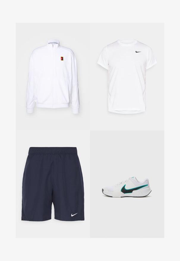 Sudadera blanca con cremallera hecha de una tela suave, con un cuello alto y un pequeño logotipo de Nike multicolor en el lado izquierdo del pecho.; Camiseta corta de manga blanca de Nike, hecha de material sintético suave, con un logo negro en el lado izquierdo del pecho.; Pantalones cortos deportivos de color azul marino, fabricados con un tejido ligero, que cuentan con una cintura elástica y un pequeño logotipo blanco de Nike en la pierna izquierda.; Zapatilla deportiva blanca con parte superior de malla texturizada, suela de goma negra y acento del swoosh de Nike en color teal. Cuenta con cordones y un collar acolchado.