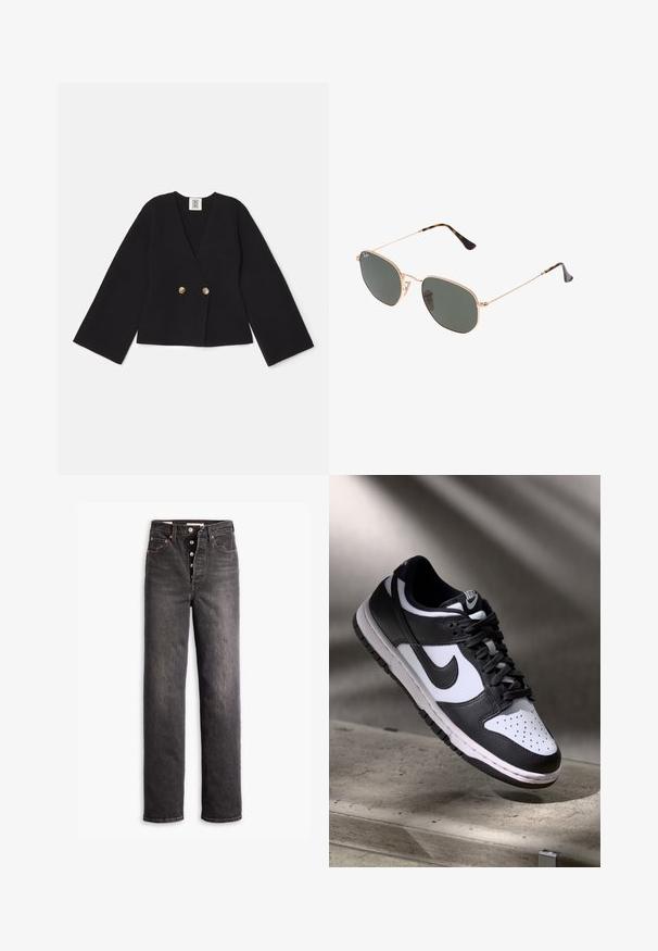 Melna divrindas žakete ar V veida kaklu, platām piedurknēm un diviem zelta pogām. Izgatavota no teksturēta auduma, ar saīsinātu apakšu.; Melnā garajai piedurknēm apakšveļa, kas izgatavota no mīksta auduma, ar V-veida kakla izgriezumu, īsu garumu un sasietu mezglu sānos kā aizdari.; Melnas augstas jostas bikses ar taisnu kāju dizainu, izgatavotas no denima. Iekļauj pogu aizdari, vara detaļu akcentus un kontrastējošu šuvumu.; Melnbaltas Nike Dunk Low sporta apavi ar ādas augšdaļu, caurdurta pirkstu kaste un melnām šņorēm, ar baltu zoli un logo akcentiem.; Zelta metāla rāmis saulesbrilles ar tumši zaļiem stikliem, aviator stils, ar šaurām kājām un bruņu akcentiem uz galiem.; Melnā auduma soma ar ģeometrisku rakstu, izgatavota no fakturēta materiāla. Aprīkota ar stipriem rokturiem un birku, strukturēta forma.