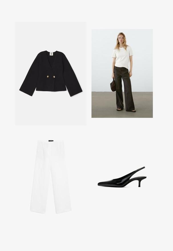 Black double-breasted jacket with a v-neck, wide sleeves, and two gold buttons. Made from a textured fabric, features a cropped hem.; Light beige crew-neck t-shirt paired with dark striped wide-leg trousers. Accessorized with a black beaded bag and flat sandals. Smooth texture.; White linen wide-leg pants with a smooth texture, featuring a mid-rise waist, two front pockets, and a simple design.; Black pointed-toe slingback shoe with a glossy leather finish and a thin, low heel. Features a cutout on the side for breathability.