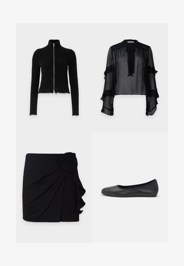 Black ribbed cropped jacket with a high collar and a front zipper. Features frayed hem and long sleeves, made from textured knit material.; Black sheer blouse with long, ruffled sleeves and a tie neck. Features lightweight fabric and a loose fit, suitable for layering.; Black mini skirt made of soft fabric with a pleated design. Features a fabric rose accent on the side and a ruffled hem.; Black leather ballet flat with a rounded toe, smooth texture, minimal stitching detail, and a flexible sole design.