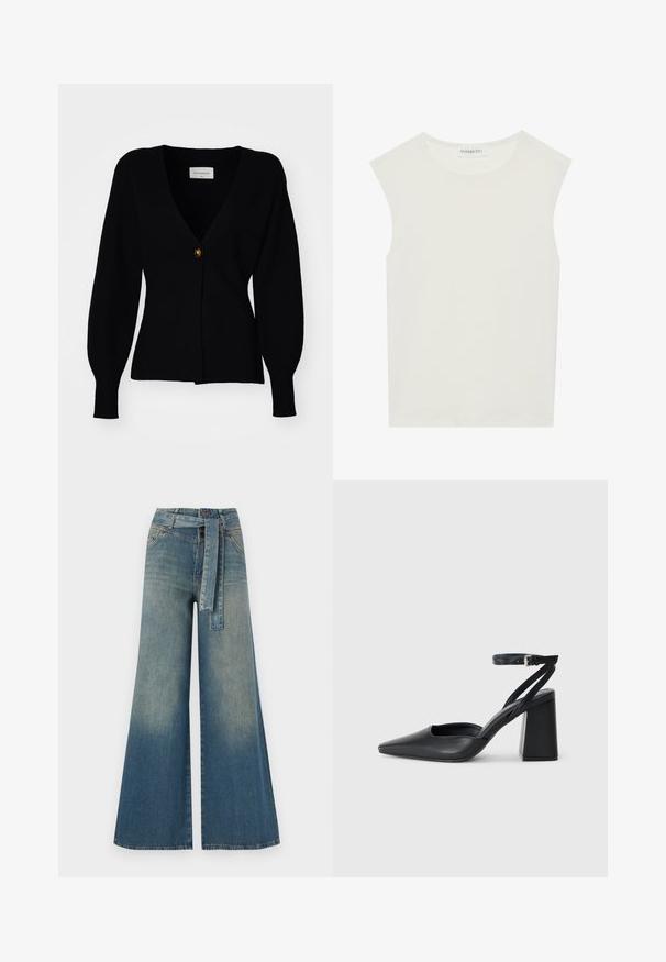 Juodas megztas kardiganas su giliu V formos kaklu, viena mygtuko uždarymo sistema ir pūstomis ilgomis rankovėmis, turintis raštuotą tekstūrą ir prigludusį siluetą.; Balta be rankovių palaidinė su apvaliu kaklu. Pagaminta iš lygios medžiagos, ji turi laisvą siluetą ir minimalistinį dizainą. Be raštų ar akcentų.; Platus džinsinis kelnes su šviesiai tamsiai mėlynu gradientu, aukštu juosmeniu, diržo kilpomis ir atitinkančiu audinio diržu. Textūruotas džinsinis paviršius.; Juoda odinė smailiagalė aukštakulnio bateliai su kulkšnies dirželiu ir storu kulnu. Lygus paviršius, elegantiškas dizainas ir minimalistiška estetinė.
