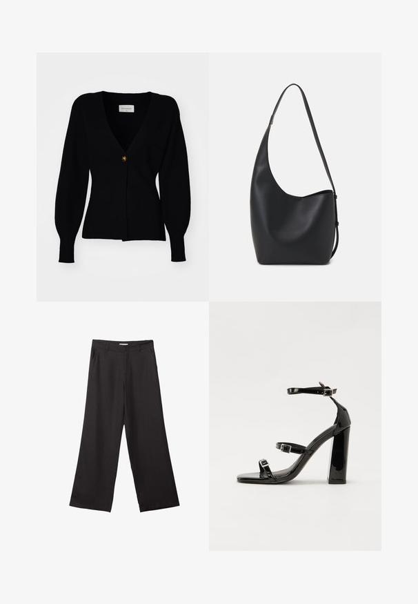 Schwarze Strickjacke mit tiefem V-Ausschnitt, einem einzelnen Knopfverschluss und puffigen langen Ärmeln, die eine gerippte Textur und eine figurbetonte Silhouette aufweist.; Schwarzes, geripptes Strickoberteil mit kurzen Ärmeln, quadratischem Ausschnitt und strukturierten Details im Oberteil. Etikett im Kragen sichtbar.; Schwarze weite Hosen aus glattem Stoff, mit einem Reißverschluss vorne und zwei seitlichen Taschen, maßgeschneiderter Passform und minimalistischem Design.; Schwarze patentierte Sandalen mit Absatz, quadratischer Spitze, Knöchelriemen und silbernen Schnallen. Mit einem stabilen Blockabsatz für mehr Stabilität.; Schwarze Leder-Hobo-Tasche mit einer glatten Textur, geschwungener Form und einem einzelnen verstellbaren Tragegurt; verfügt über eine weite Öffnung am oberen Ende.