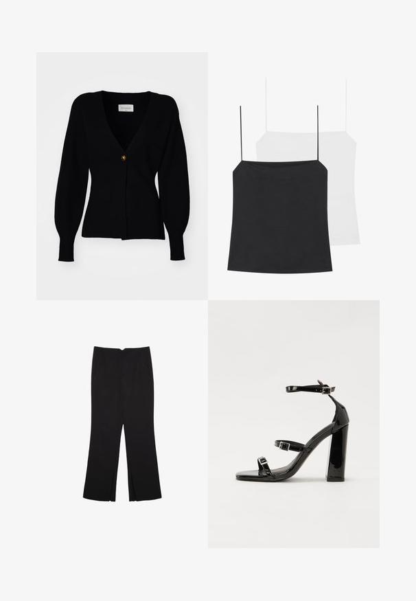 Čierny pletený sveter s hlbokým V-výstrihom, jedným gombíkom na zapínanie a nariasenými dlhými rukávmi, s rebrovanou textúrou a priliehavým strihom.; Na obrázku sú zobrazené dve topy na ramienka: jeden čierny a jeden biely. Obe majú tenké ramienka a priliehavý dizajn vyrobený z hladkej, elastickej tkaniny.; Čierne nohavice so strihom rovného strihu, s prednými vreckami a bočnými rozparkami na leme. Vyrobené z mäkkej, hladkej tkaniny. Vhodné na rôzne príležitosti.; Čierne lakované sandále na podpätku so štvorcovou špičkou, navlečenými remienkami okolo členku a striebornými prackami. Disponujú masívnym blokovým podpätkom pre stabilitu.