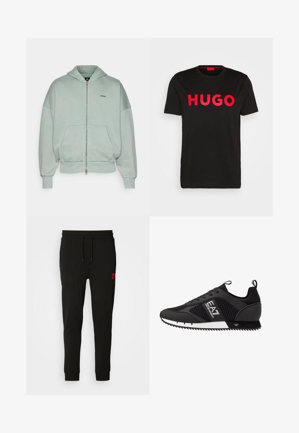 Lys grønn hettegenser med glidelås laget av bomullsblandingsstoff, med en frontlomme, ribbestrikkede mansjetter, og en liten logo på venstre bryst.; Svart bomull T-skjorte med fet rød "HUGO" tekst foran, korte ermer, rund hals og avslappet passform.; Sorte joggebukser laget av myk stoff, med snor i midjen, slim fit, og en rød logo-pute på venstre lår.; EA7 Emporio Armani LACES UNISEX - Joggesko - black/white