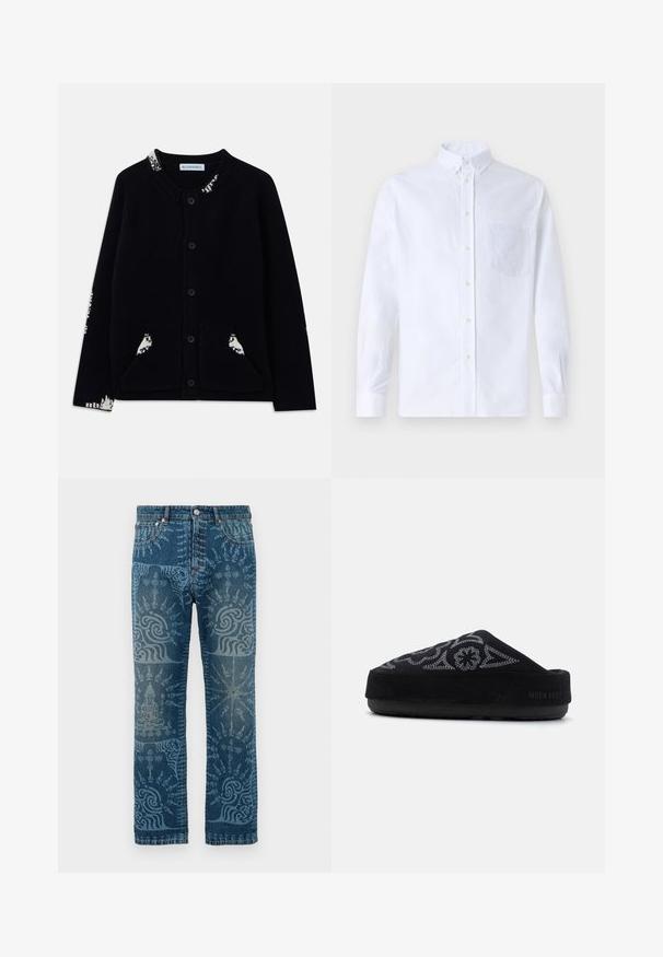 Cardigan negru cu nasturi, guler rotund, buzunare frontale și accente albe cu model pe guler, mâneci și buzunare.; Cămașă albă cu mânecă lungă, din bumbac, prevăzută cu un buzunar pe piept cu broderie tonală, guler și manșete cu buton.; Blugi din denim, într-o nuanță medie de albastru, cu modele intricate în nuanțe deschise de albastru, design cu picior drept, stil clasic cu cinci buzunare și închidere cu buton.; Pantof suede negru, tip slip-on, cu design brodat, vârf rotund, talpă groasă și textul "MOON BOOT" pe călcâi. Suprafață texturată.