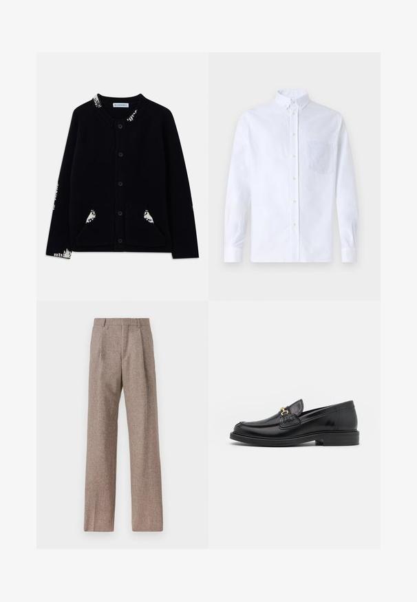 Fekete gombos kardigán kerek nyakkal, elülső zsebekkel és fehér mintázott díszítéssel a galléron, az ujjakon és a zsebeken.; Fehér, hosszú ujjú, gombos ing pamutból, mellzsebbel, tónusos hímzéssel, gallérral és gombos mandzsettával.; Barna, magas derekú nadrág texturált anyagból. Széles szárai és két elülső redője biztosítja a struktúrát. Ízléses kivitel, látható fémszerelés nélkül.; Fekete bőr loaferek, lekerekített orral, aranyszínű fémrész és varrási részletek díszítik, alacsony, strukturált gumitalpon.