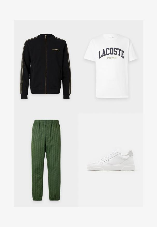 KARL LAGERFELD Felpa con zip - black; T-shirt bianca in cotone con un logo "LACOSTE SPORTSWEAR" in blu navy e verde oliva stampato trasversalmente sul petto in un design curvo.; Pantaloni sportivi verdi a fantasia con cintura elastica, gambe affusolate e un design geometrico in tutto. Realizzati in materiale leggero.; Sneaker bianche in pelle con finitura liscia, punta arrotondata, lacci piatti e suola texturizzata. Accento in suede grigio sul tallone.