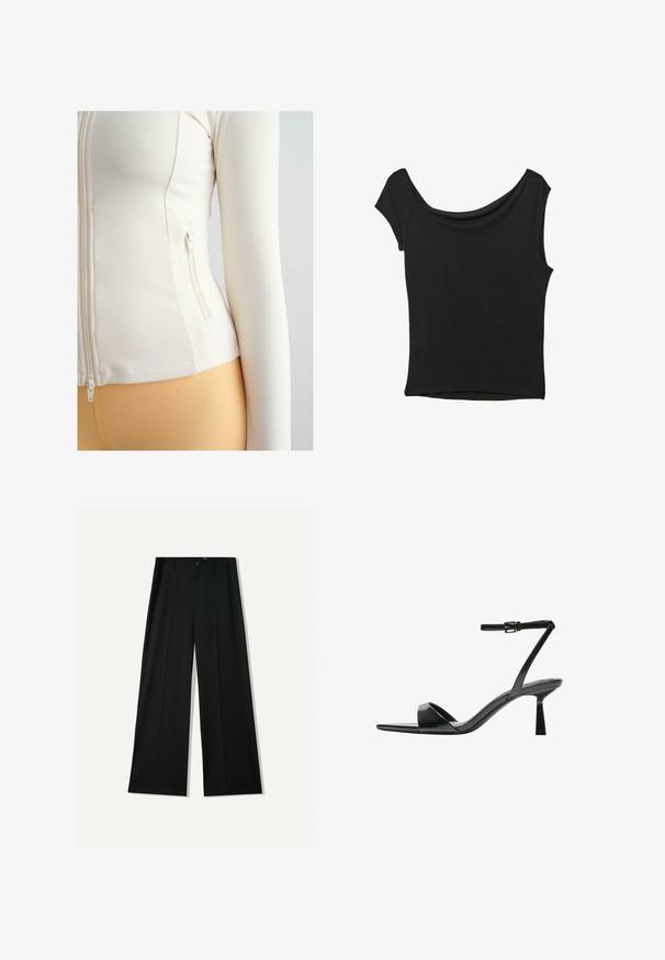 Hvid tætsiddende zip-jakke lavet af blødt, strækbart materiale. Har en sidelomme med lynlåslukning og lange ærmer.; Sort kortærmet top lavet af glat stof; har en draperet halsudskæring og en asymmetrisk kant, med en tætsiddende pasform.; Bershka WIDE - Bukser - black; Bershka Højhælede sandaletter / Højhælede sandaler - black