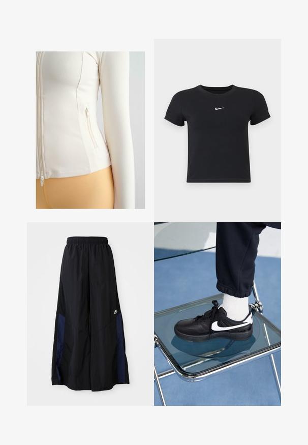 Hvid tætsiddende zip-jakke lavet af blødt, strækbart materiale. Har en sidelomme med lynlåslukning og lange ærmer.; Sort kortærmet t-shirt lavet af bomuld med rund hals. Har et hvidt Nike-logo på brystet, minimalistisk design og tætsiddende pasform.; Sorte vide benbukser lavet af letvægtsstof, med et marineblåt sidepanel og en elastisk talje. Lille hvidt logo nederst.; Sorte Nike sneakers med hvide detaljer, der har en glat læderoverflade, snørebånd og rund tå, placeret på en glasstol.