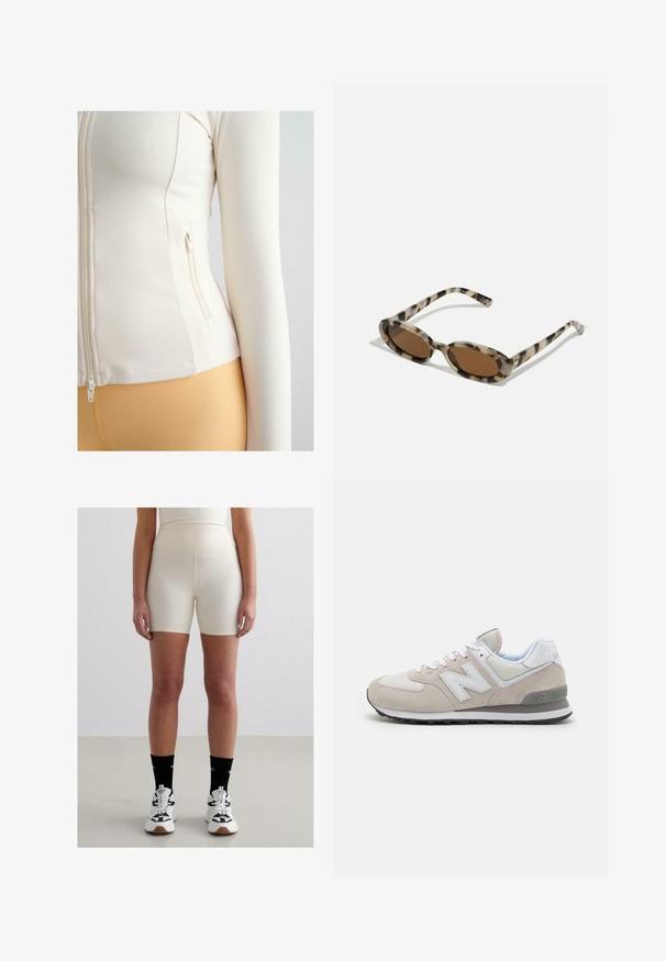 Hvid tætsiddende zip-jakke lavet af blødt, strækbart materiale. Har en sidelomme med lynlåslukning og lange ærmer.; Sort kortærmet t-shirt lavet af glat stof. Har en rund halsudskæring og en afslappet pasform med en lige kant.; Beige højtaljede shorts lavet af et glat, strækbart stof. Har en tætsiddende design og midt-lår længde, parret med hvide sneakers og sorte sokker.; Lyst beige sneaker i ruskind og mesh, med hvide accenter, snørebånd og en sort gummisål. New Balance-logoet på siden.; Sellebriller i skildpaddesmønster med ovale linser, brun toning og tynde mønstrede sider. Letvægts plastikmateriale med subtile guldfarvede accenter.