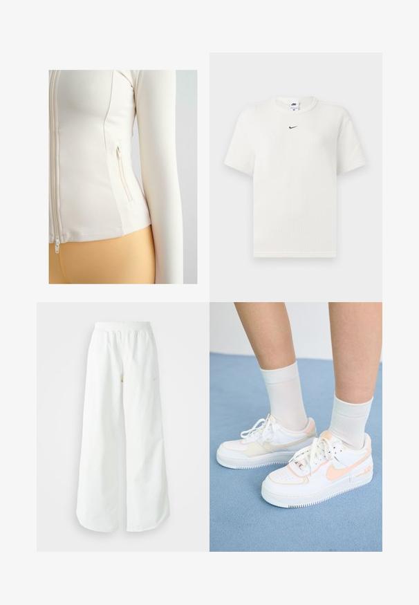 Fehér, testhezálló cipzáras dzseki, puha, rugalmas anyagból készült. Oldalzsebében cipzáras zárás található, hosszú ujjú.; Fehér bordás póló kerek nyakkal és rövid ujjakkal. Kis fekete Nike logó található a mellrészen. Textúrált anyag, amely jól illeszkedik a testhez.; Fehér, bő szárú sportnadrág ribbelt derékpánttal és diszkrét logórésszel. Simá szövet, laza szabással és taperált szárral.; Fehér sportcipők barack színű díszítéssel, sima bőr felsőrész, perforált orr, texturált talp és fűzők. Fehér crew zoknikkal viselve egy kék felületen.