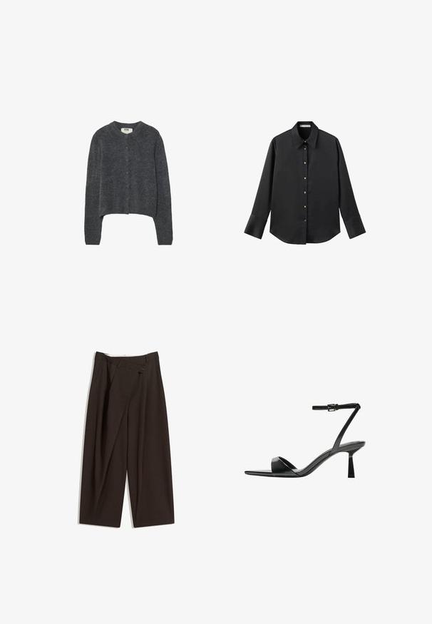 Mörkgrå cardigan i strukturerad stickad tyg, med rund halsringning, långa ärmar och sex knappstängningar framtill.; Svart långärmad skjorta i mjukt tyg, med klassisk krage, framknäppning med knappar i guldton och breda manschetter.; Mörkbruna vida byxor med hög midja, med en enkel knappstängning och plisserad front. Tillverkade av lätt tyg.; Bershka Sandaletter - black