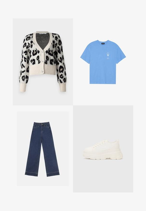 ONLY ONLSARA GLITTER - Cardigan - pumice stone/black/gold glitter; Light blue cotton t-shirt with a round neckline. Features a white graphic of a palm tree and text on the left chest area. Short sleeves.; Wide-leg jeans in dark blue denim. Features five pockets, belt loops, and a raw hem at the bottom with visible stitching details.; White canvas sneaker with a chunky sole, rounded toe, and five eyelets for laces. Back tab for easy wear. Smooth texture, minimalist design.