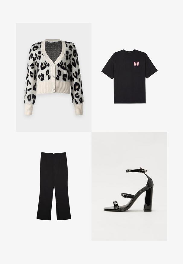 ONLY ONLSARA GLITTER - Vesta na kopčanje - pumice stone/black/gold glitter; Crna pamučna majica s kratkim rukavima, s malim grafičkim prikazom ružičaste vjetricaste s desne strane na prsima. Dizajn s okruglim izrezom i opuštenim krojem.; Crne hlače ravnog kroja, s prednjim džepovima i bočnim prorezima na rubu. Izrađene od mekog i glatkog materijala. Pogodne za razne prigode.; Crne lakirane sandale na visoku petu s dva remena s kopčama, kvadratnim vrhom i masivnom blok petom, s glatkom, sjajnom teksturom.