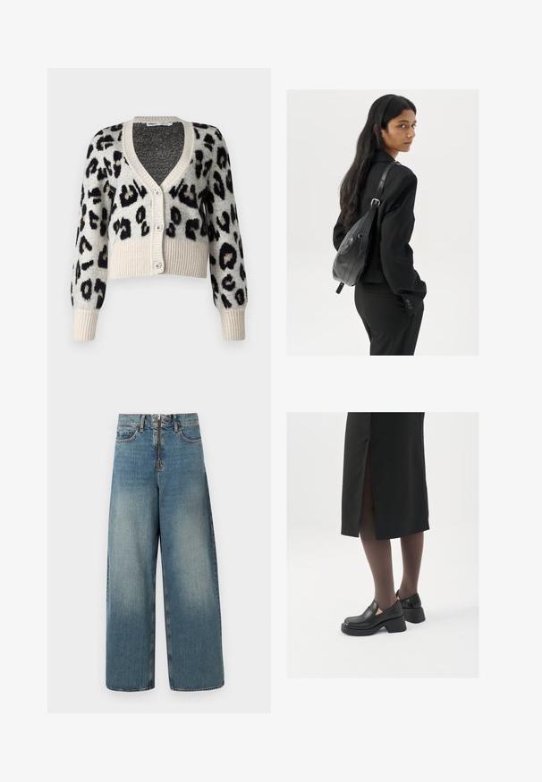 ONLY ONLSARA GLITTER - Kardigan - pumice stone/black/gold glitter; Bílý bezrukávový top vyrobený z ribbed látky, s kulatým výstřihem a přiléhavým střihem, s minimem švů a bez ozdob.; Džínové kalhoty s širokými nohavicemi ve světlé modré barvě. Mají zip a zapínání na knoflík, a jemné blednutí pro opotřebovaný vzhled.; Černé kožené boty s kulatou špičkou, silným blokovým podpatkem a elastickými bočními akcenty, spárované s tmavými punčochami a černou sukní se rozparkem.; Žena s dlouhými tmavými vlasy, oblečená v černém obleku, nese černou koženou kabelku přes rameno a dívá se přes rameno na bílém pozadí.