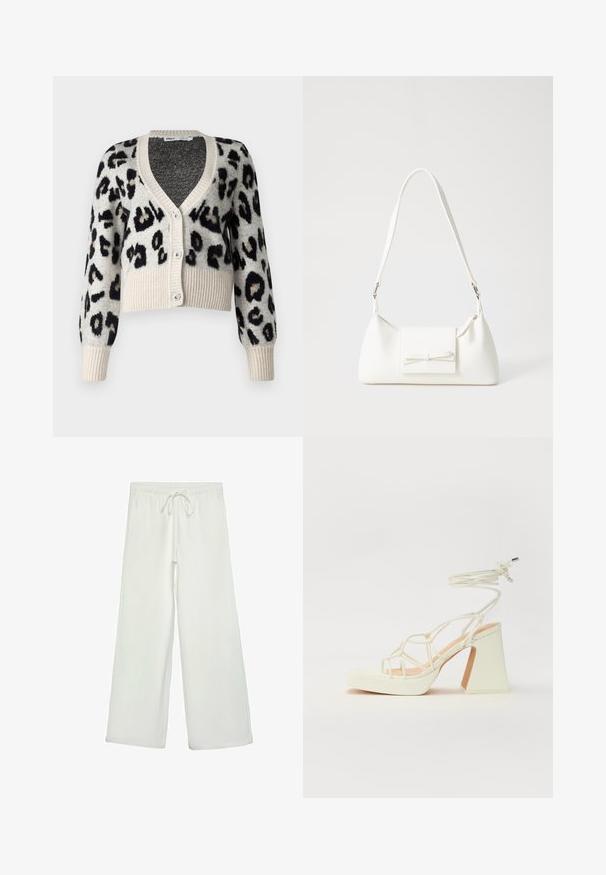 ONLY ONLSARA GLITTER - Vesta na kopčanje - pumice stone/black/gold glitter; Bijela majica kratkih rukava od pamuka. Ima okrugli izrez i opušteni kroj. Glatka tekstura bez vidljivih uzoraka ili naglasaka.; Bijele hlače širokog kroja od mekog materijala. Imaju elastični pojas s vezicom i glatku teksturu. Nema vidljivih uzoraka ili metalnih dijelova.; Bijela sandala na visokoj potpetici s debelim petom, s remenom i vezanjem oko gležnja. Glatka tekstura s platformom sprijeda za dodatnu visinu.; Bijela sintetička torbica s trokutastim oblikom, ravnim prednjim poklopcem i detaljem u obliku mašne, podesivom remenom, glatkom teksturom i minimalističkim dizajnom.