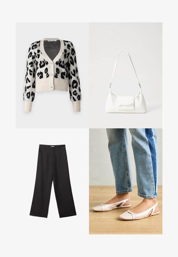 ONLY ONLSARA GLITTER - Strickjacke - pumice stone/black/gold glitter; Weißes T-Shirt mit kurzen Ärmeln aus Baumwolle. Hat einen Rundhalsausschnitt und eine lockere Passform. Glatte Textur ohne sichtbare Muster oder Akzente.; Schwarze weite Hosen aus glattem Stoff, mit einem Reißverschluss vorne und zwei seitlichen Taschen, maßgeschneiderter Passform und minimalistischem Design.; Blassrosa Slingback-Ballerinas mit spitzem Punkt, aus einem glatten, lederähnlichen Material. Mit Ausschnitten an den Seiten und einem flachen Absatz.; Weiße synthetische Handtasche in dreieckiger Form, flache Vorderklappe und Schleifendetail, verstellbarer Trageriemen, glatte Textur und minimalistisches Design.