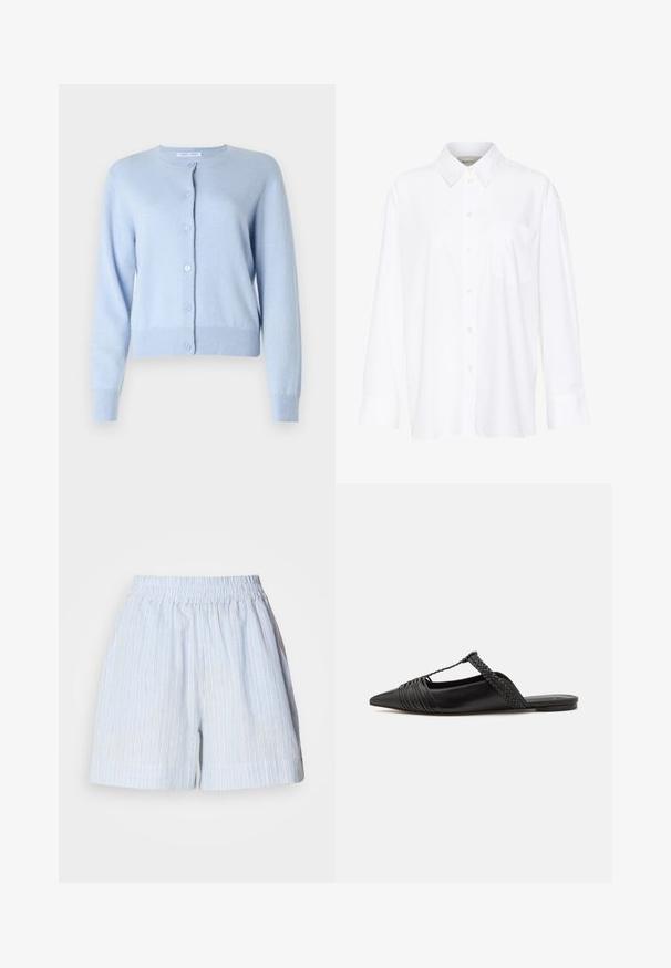 Cardigan azul claro feito de tecido suave, com gola redonda, botões frontais, mangas longas e punhos e bainha canelados.; Camisa branca de manga longa com colarinho feita de algodão. Apresenta uma parte frontal com botões e um único bolso no peito. Textura suave, corte descontraído.; Calções azul-claro com riscas verticais brancas e azul-escuro. Apresentam uma cintura elástica e um corte descontraído. Feitos de um material macio.; Sapatilha slingback em couro preto com bico pontudo, apresentando um detalhe trançado e um design superior plissado. Sola plana com hardware mínimo.